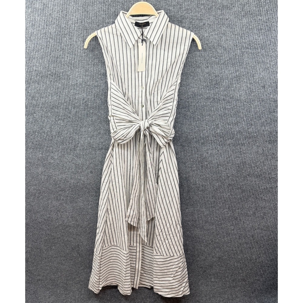 Commense Shirt Dress Women M White Black Striped Sleeveless Tie Front Academia